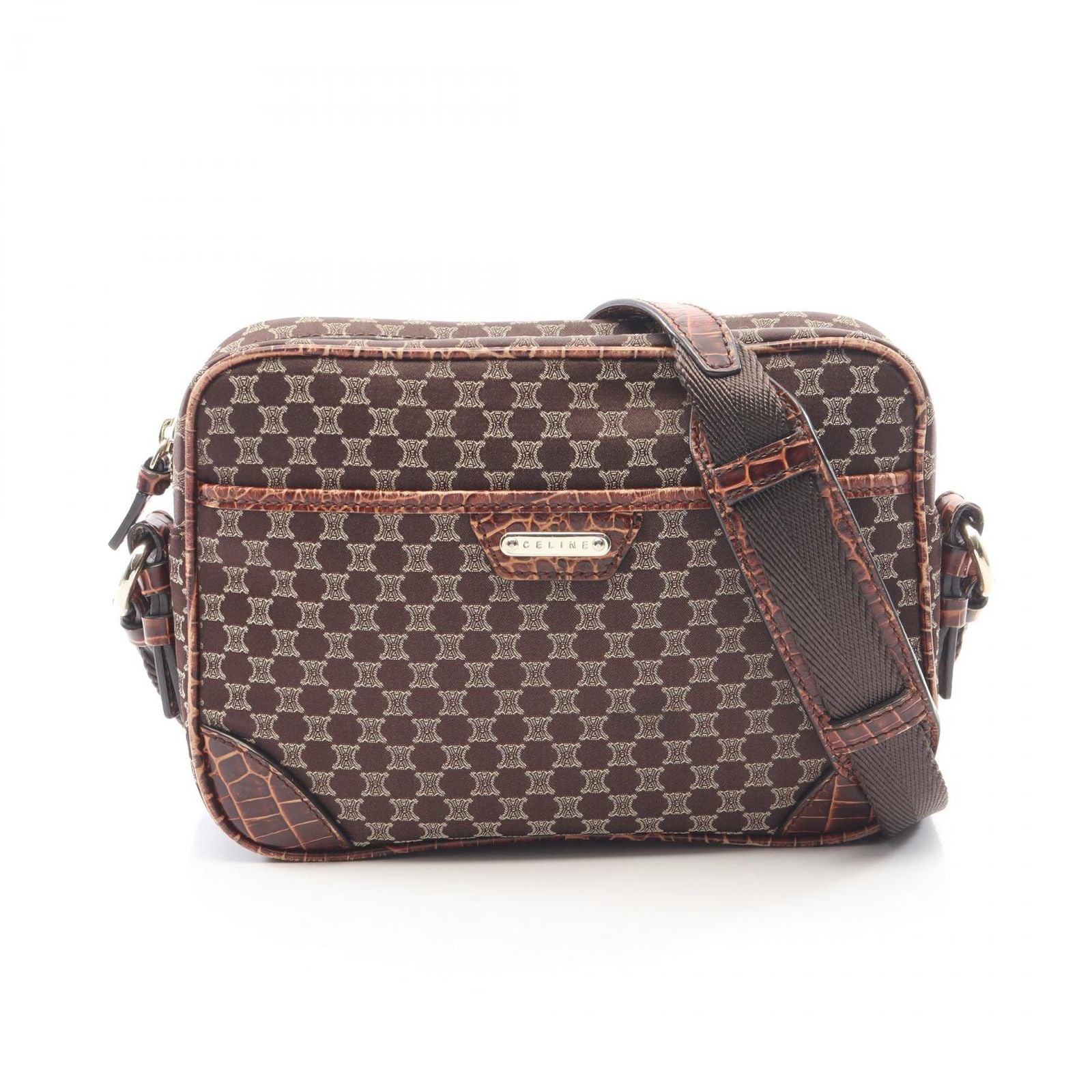 Celine Shoulder Bag Macadam Embossed Dark Brown Canvas Leather