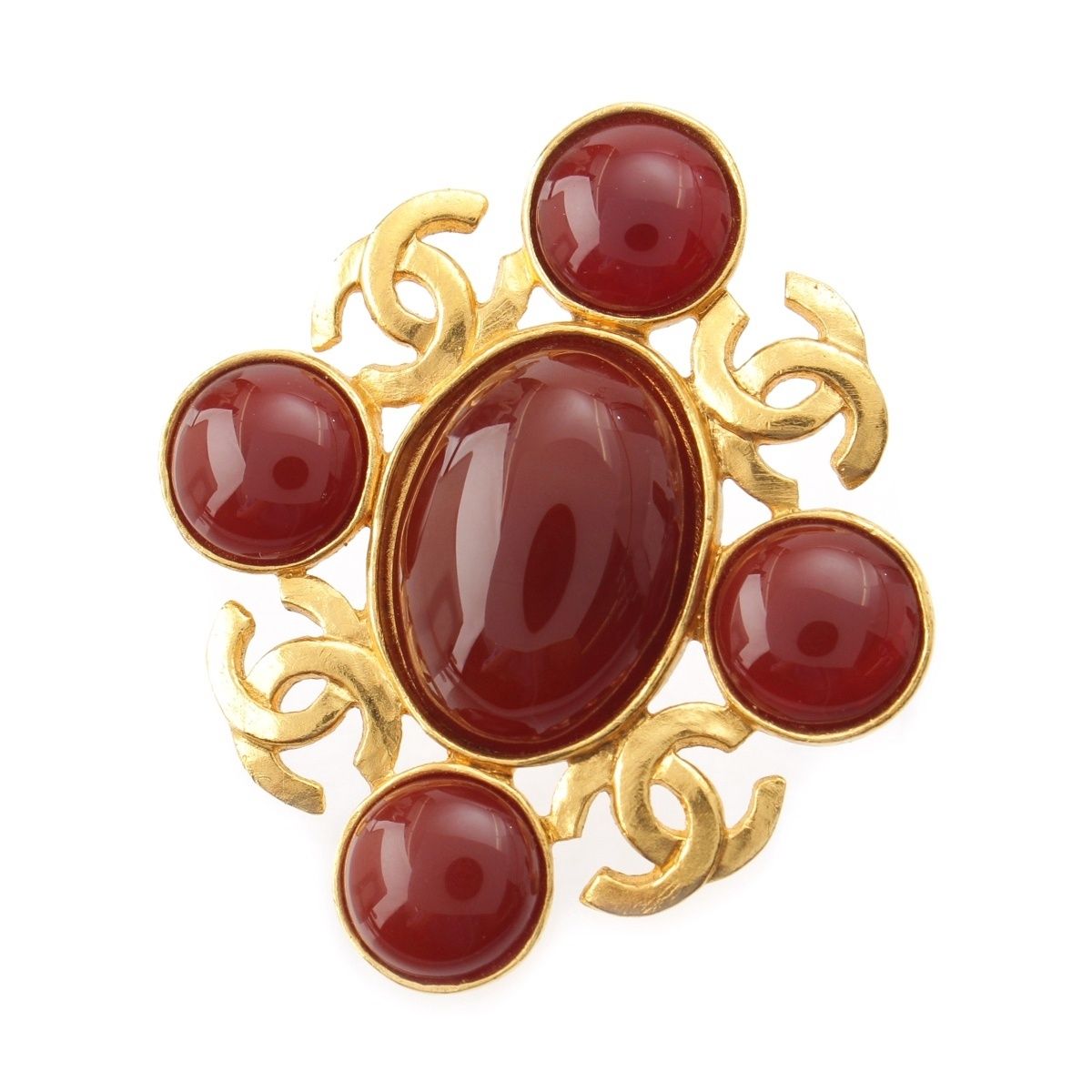Chanel Vintage CC Logo Brooch Red Gold