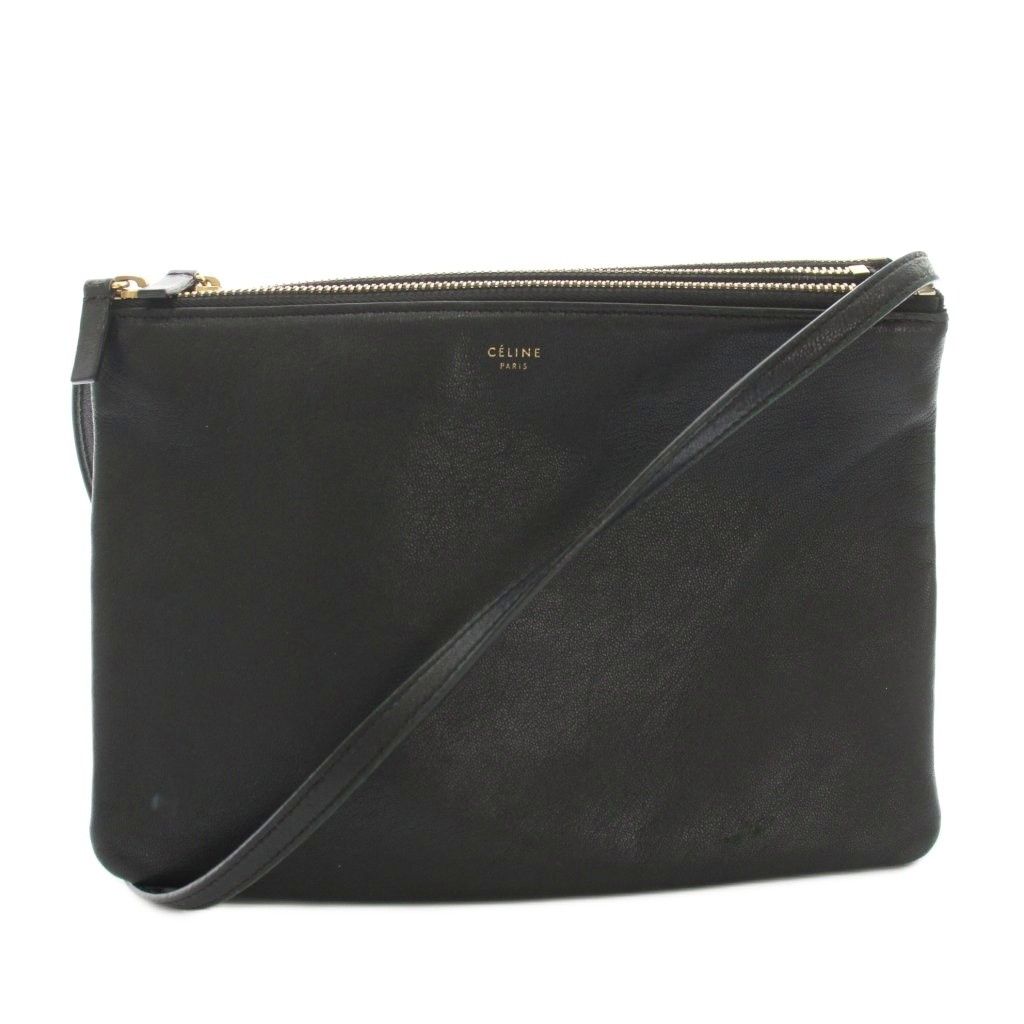 Celine Trio Shoulder Bag Leather Logo Foiing Black YT