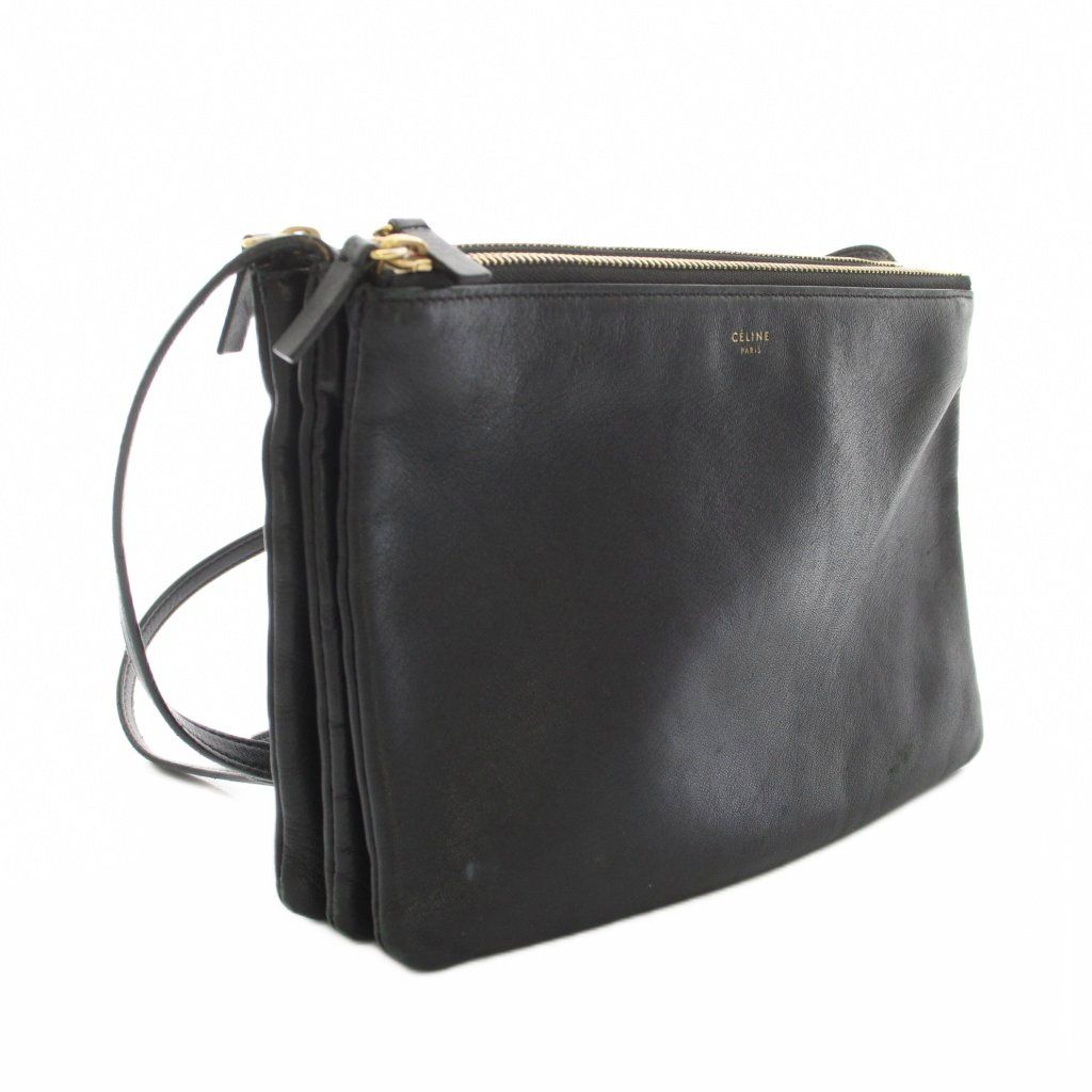 Celine Trio Shoulder Bag Leather Logo Foiing Black YT — view 2
