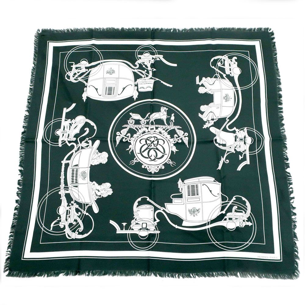 Hermes Heaven Carre 80 Exlibris with Fringe Scarf Deep Green Bicolor