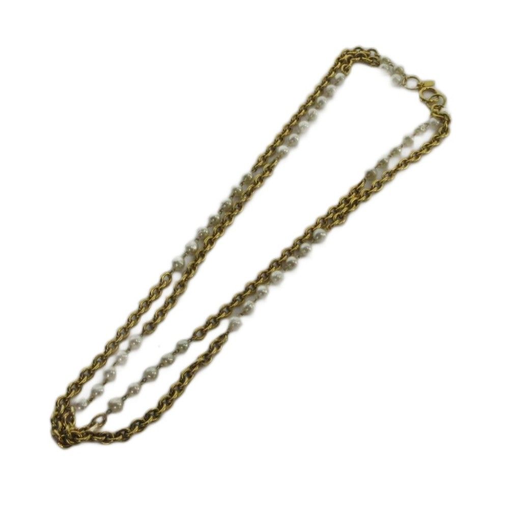 Chanel Necklace Logo Chain Faux Pearl Double Strand Gold — view 2