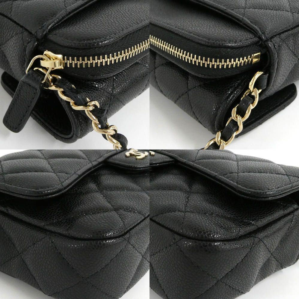 Chanel Flap Phone Case Chain Shoulder Bag Caviar Leather Black Gold — view 9