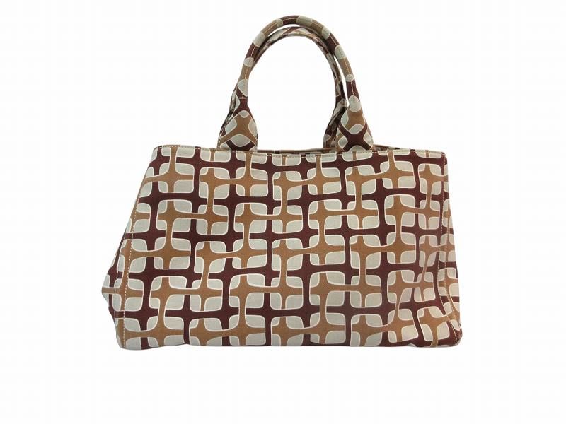 Prada Tote Geometric Pattern Brown Beige Canvas