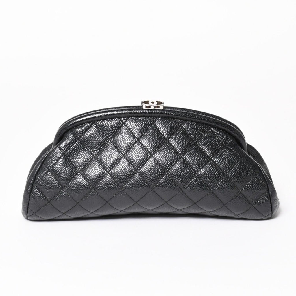 Chanel Timeless Classic Clutch CC Logo Caviar Leather Quilted Silver