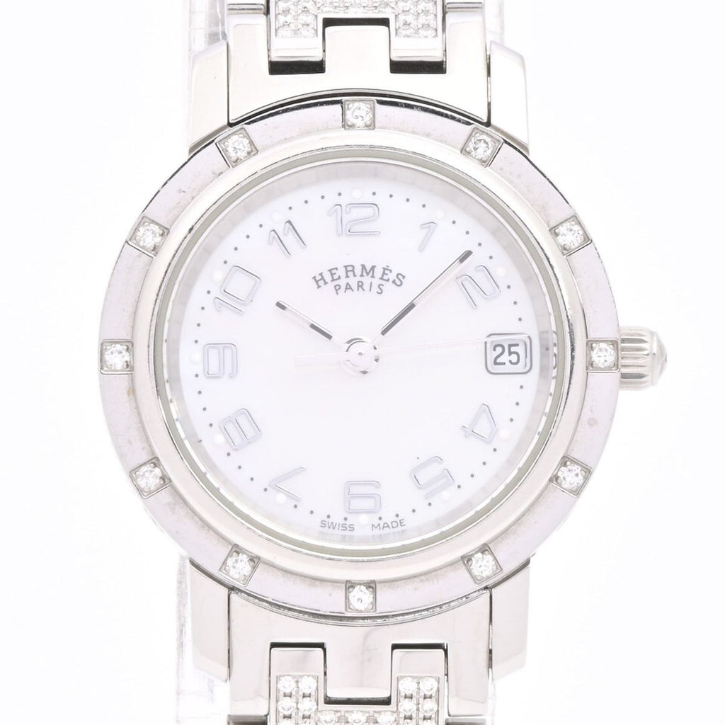 Hermes Watch Clipper Cles Diamond Bezel Pave Shell Dial SS White