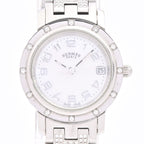 Hermes Watch Clipper Cles Diamond Bezel Pave Shell Dial SS White