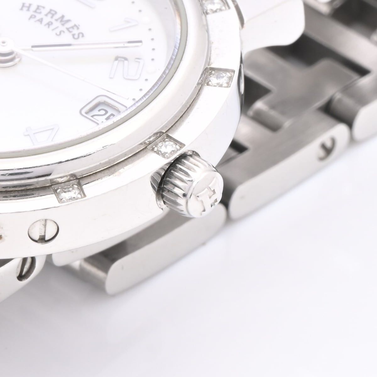 Hermes Watch Clipper Cles Diamond Bezel Pave Shell Dial SS White — view 9