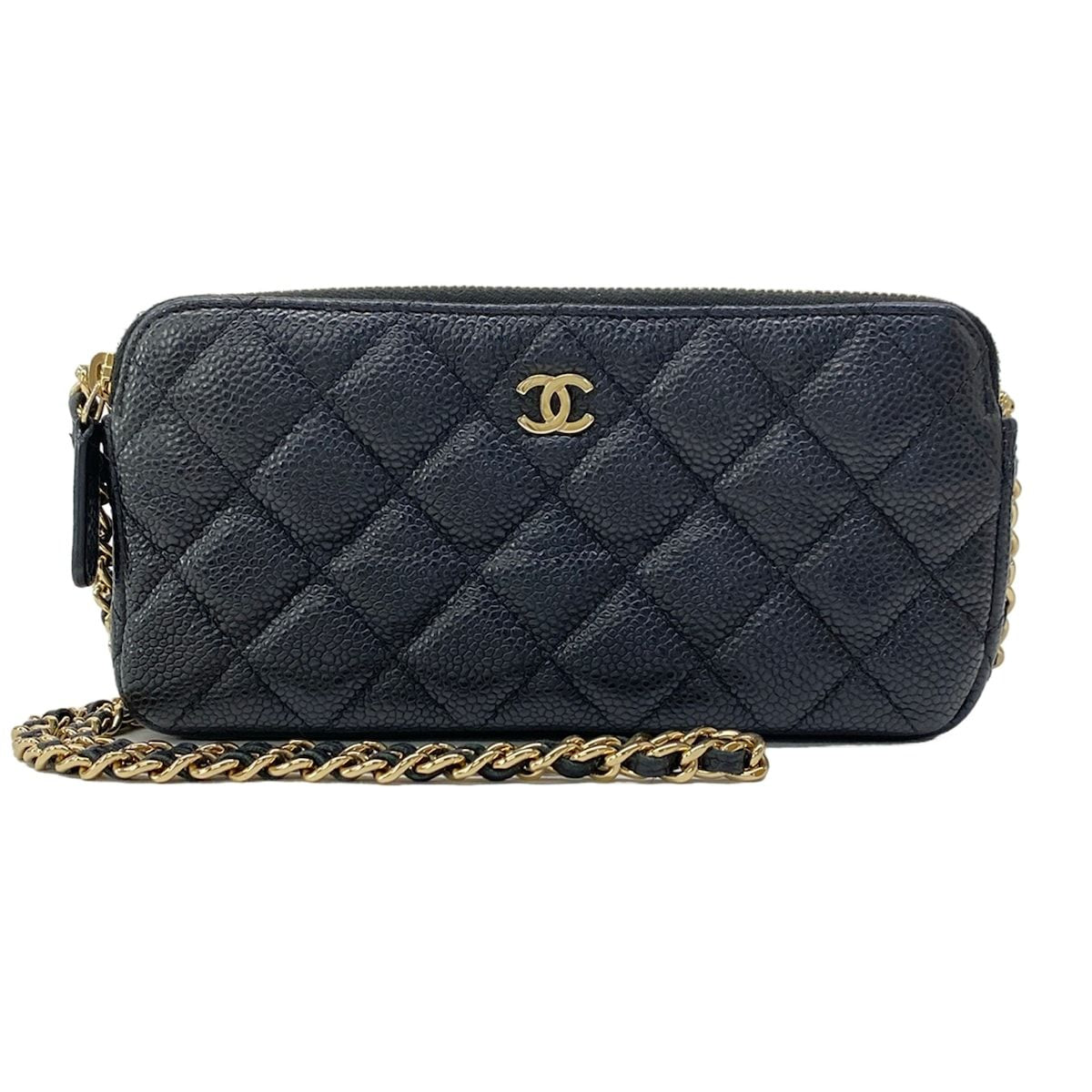 Chanel Wallet Quilted Black Chain Gold Shoulder
