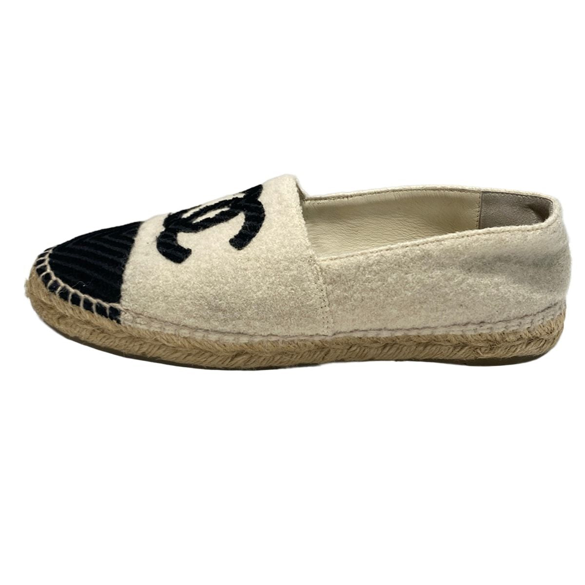Chanel Slip Ons 37 Ivory Black CC Logo Espadrilles Slipper