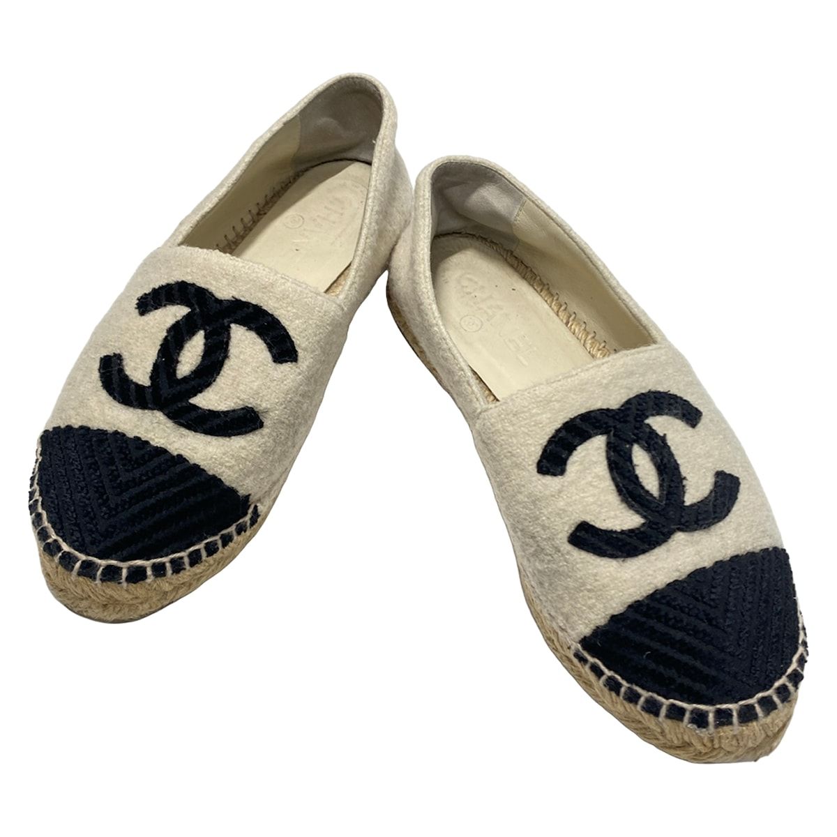 Chanel Slip Ons 37 Ivory Black CC Logo Espadrilles Slipper — view 2