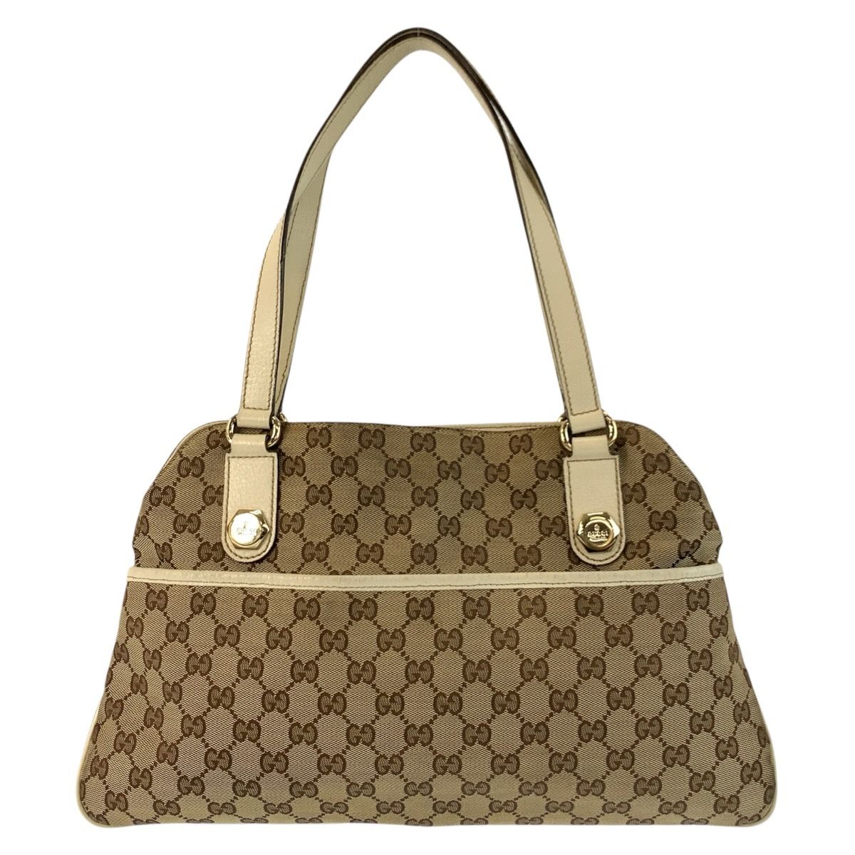 Gucci Beige Ivory Gold GG Canvas Leather Tote Shoulder