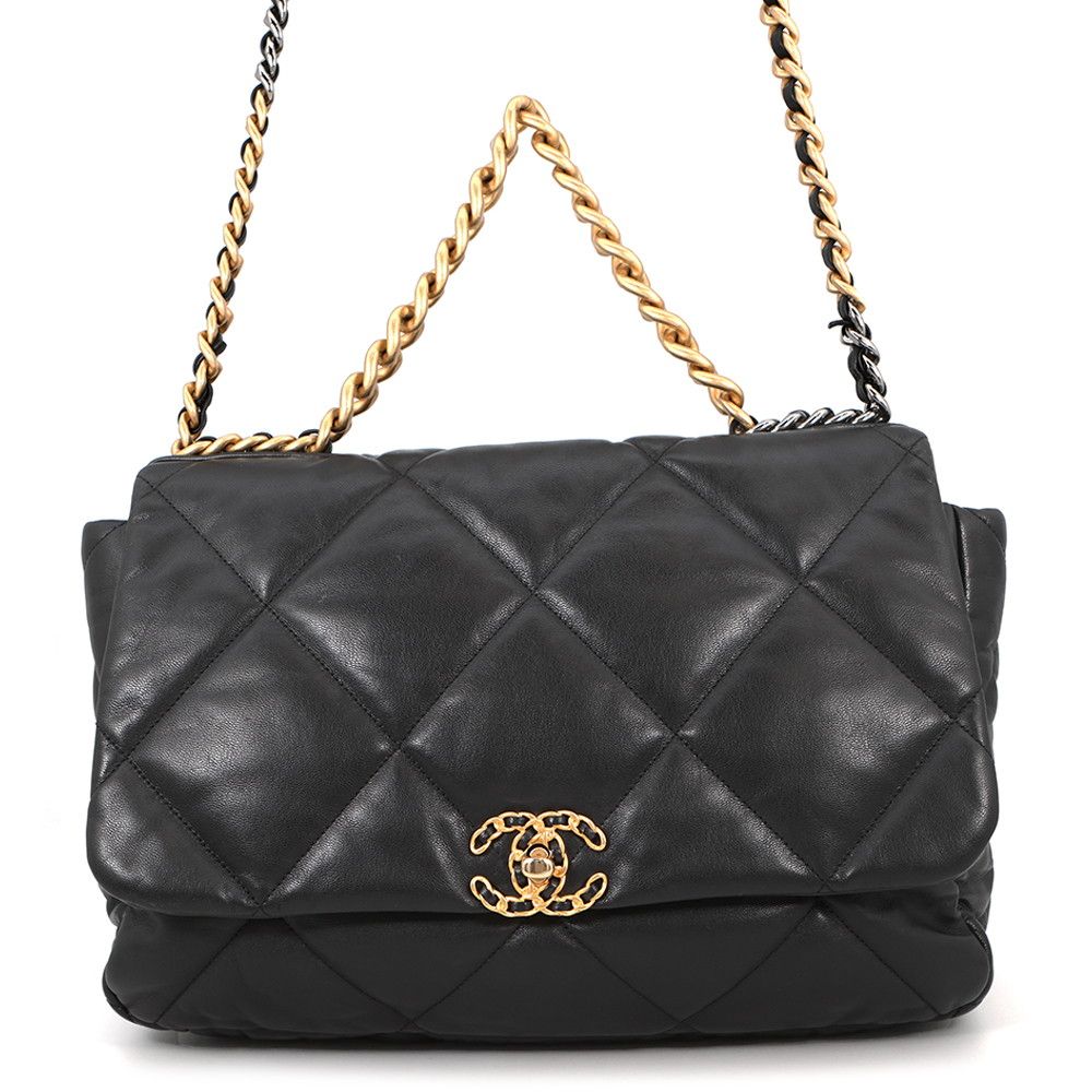 Chanel Chain Shoulder Bag 19 Maxi Quilted CC Logo Shiny Calf Leather 2-Way