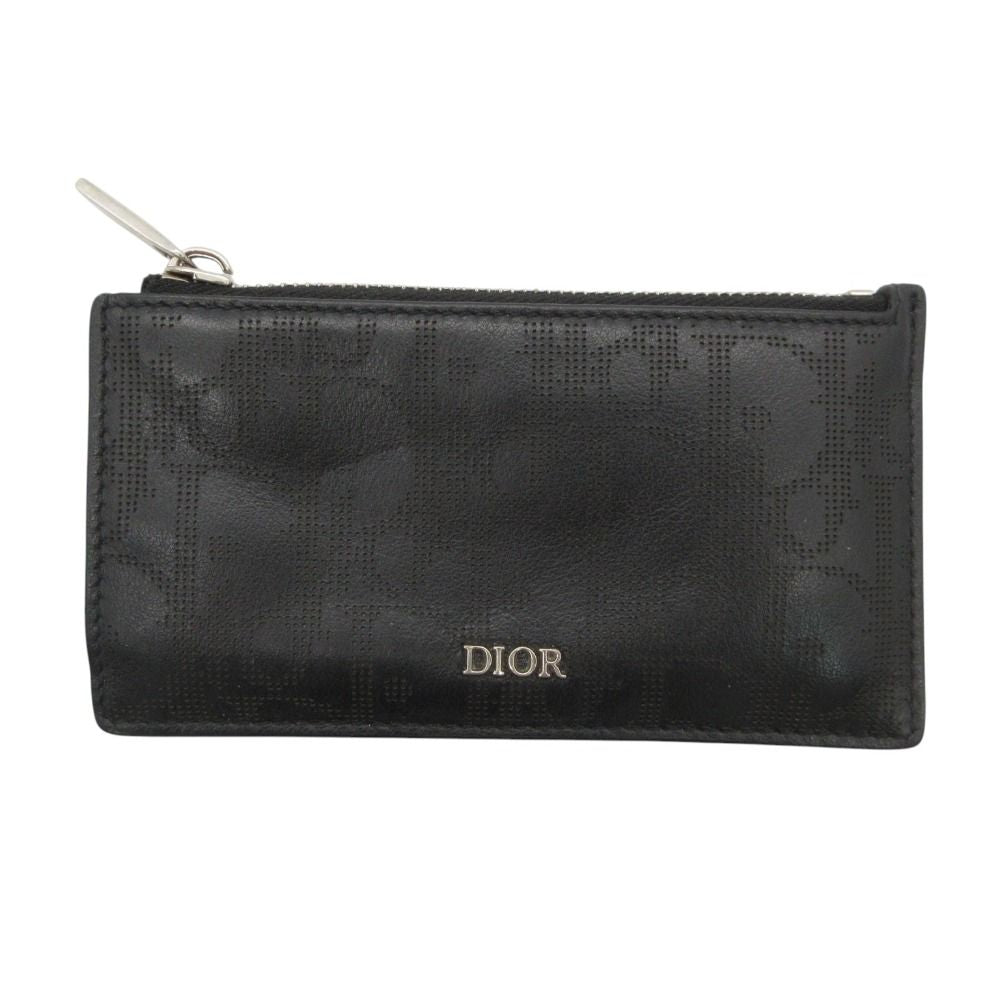 Dior Card Case Zip Holder Logo Perforated Smooth Calf Coin Purse Wallet Mini