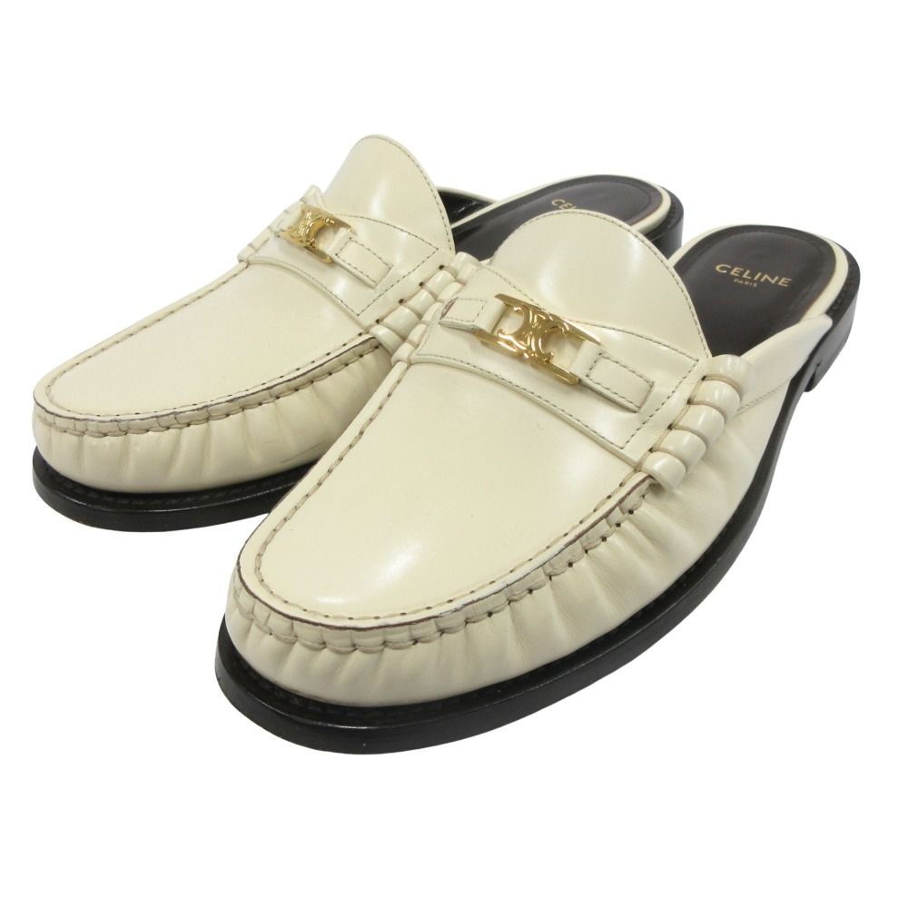 Celine Luco Triomphe Mules Loafers Sandals Shoes Leather 37 White Gold — view 3