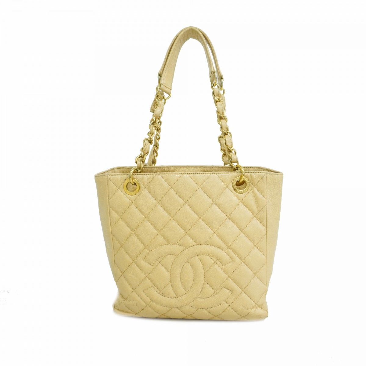 Chanel Chain Tote Quilted Caviar Leather Beige Gold