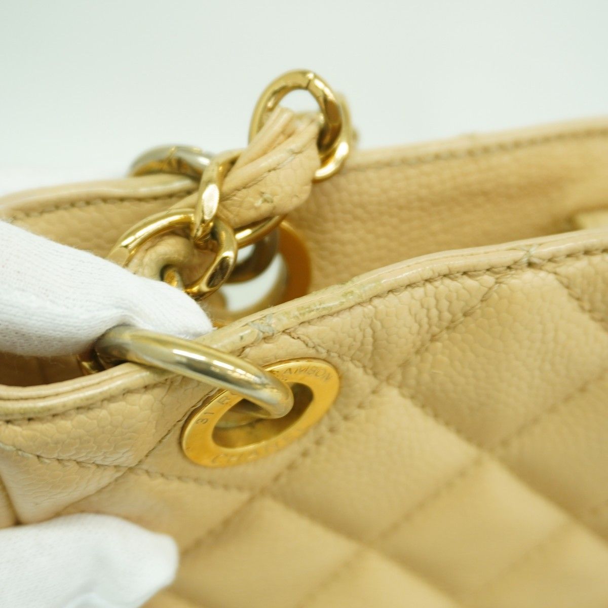 Chanel Chain Tote Quilted Caviar Leather Beige Gold — view 8