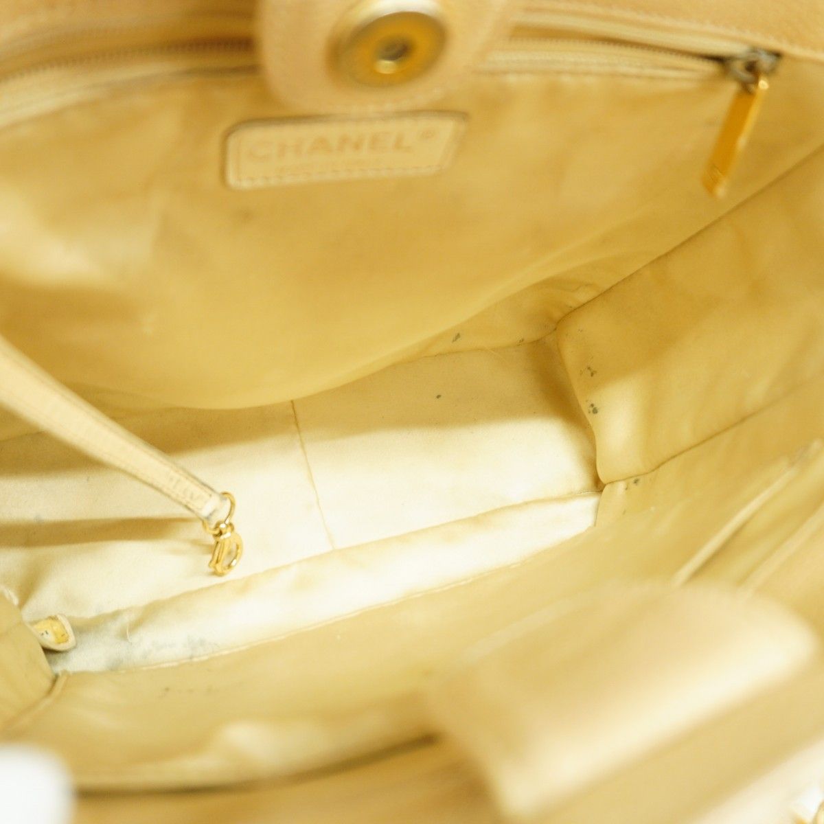 Chanel Chain Tote Quilted Caviar Leather Beige Gold — view 4