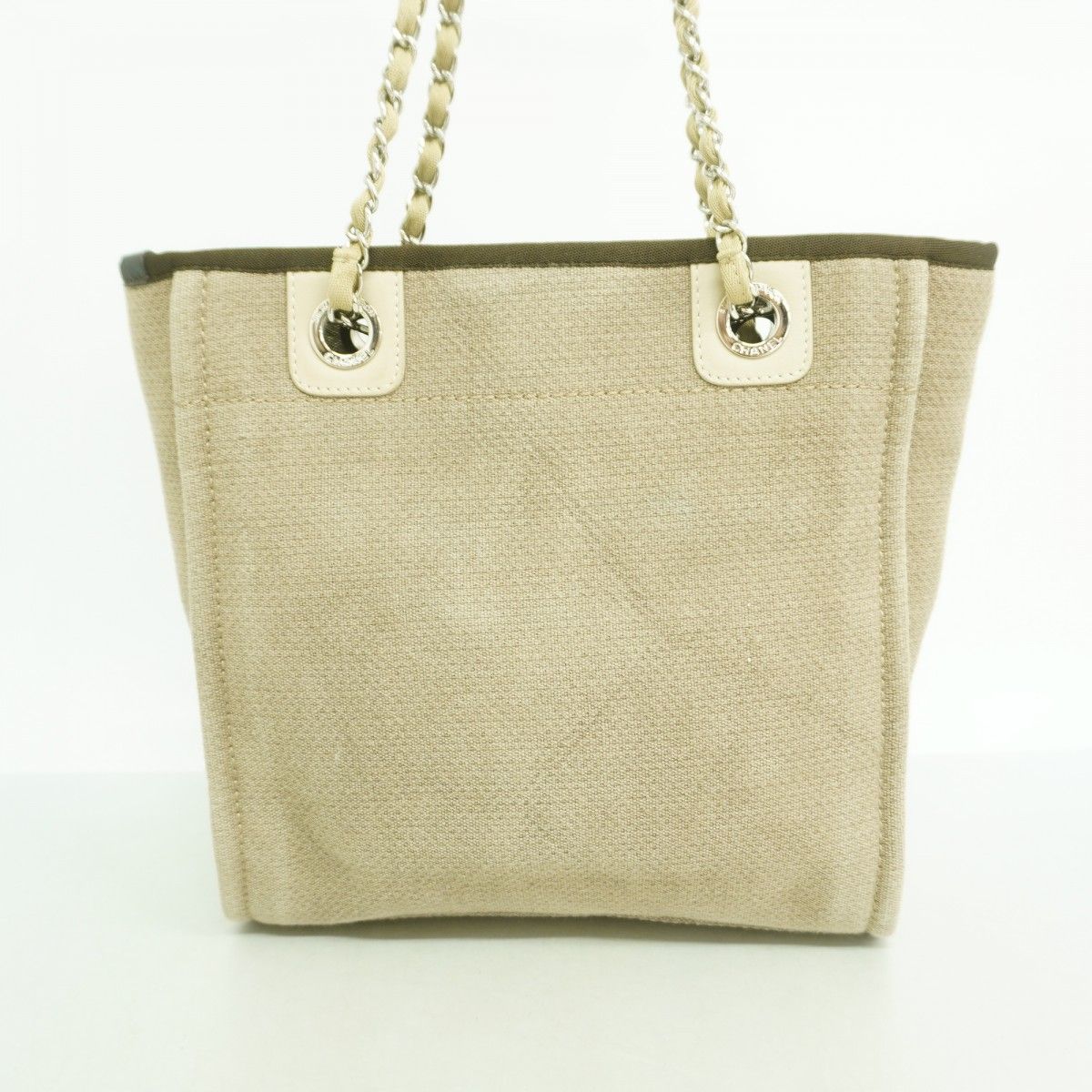 Chanel Chain Tote Deauville Canvas Brown Silver — view 9