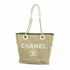Chanel Chain Tote Deauville Canvas Brown Silver