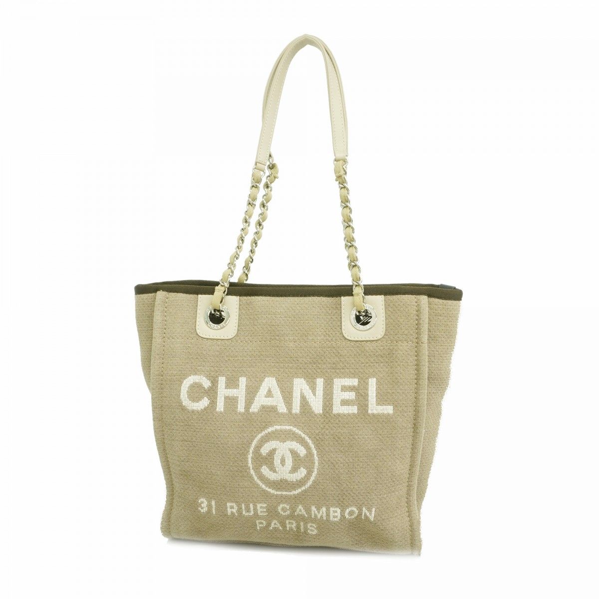 Chanel Chain Tote Deauville Canvas Brown Silver