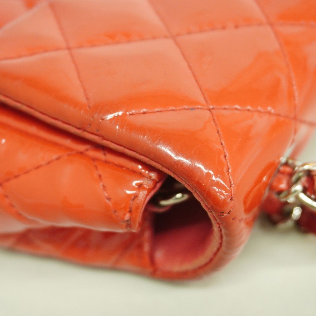 Chanel Shoulder Bag Quilted Patent Leather Red Silver — view 9