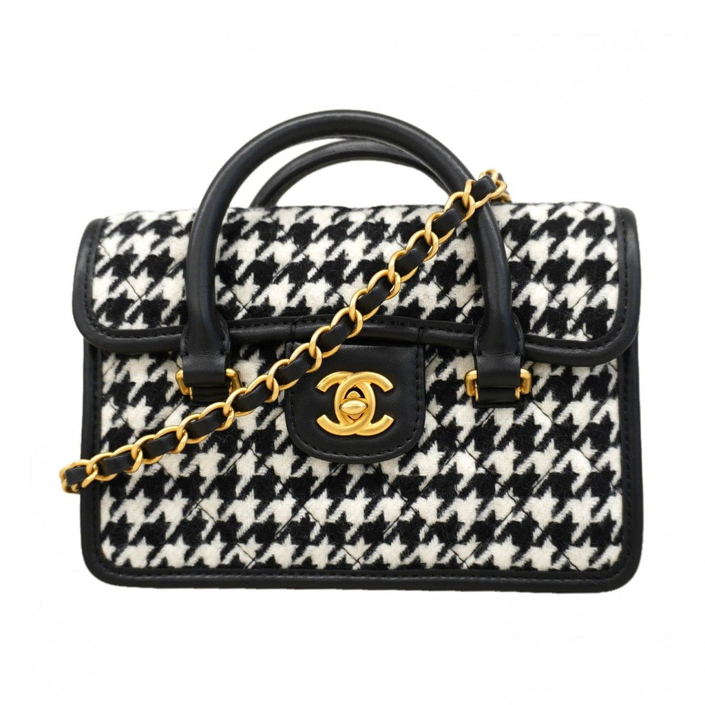 Chanel Handbag Wool Black White Champagne Gold 2-Way