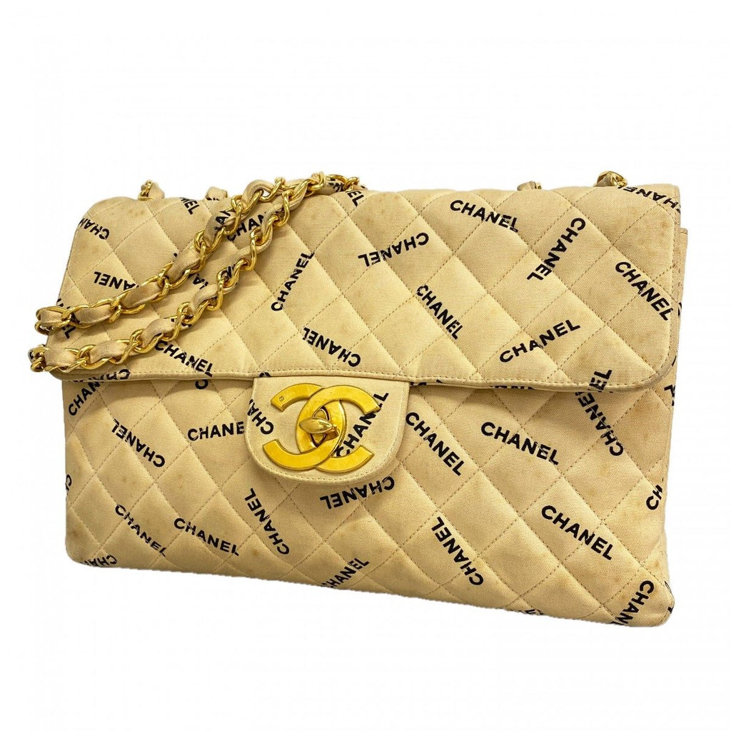 Chanel Shoulder Bag Deca Quilted Canvas Beige Gold