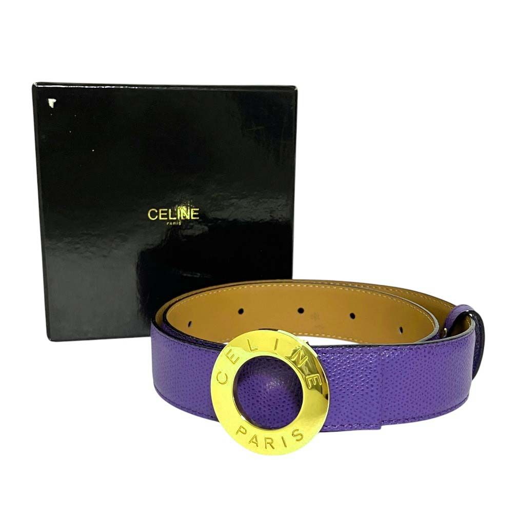 Celine Vintage Circle Logo Buckle Ball Tip Clasp Leather Belt Purple Gold — view 8