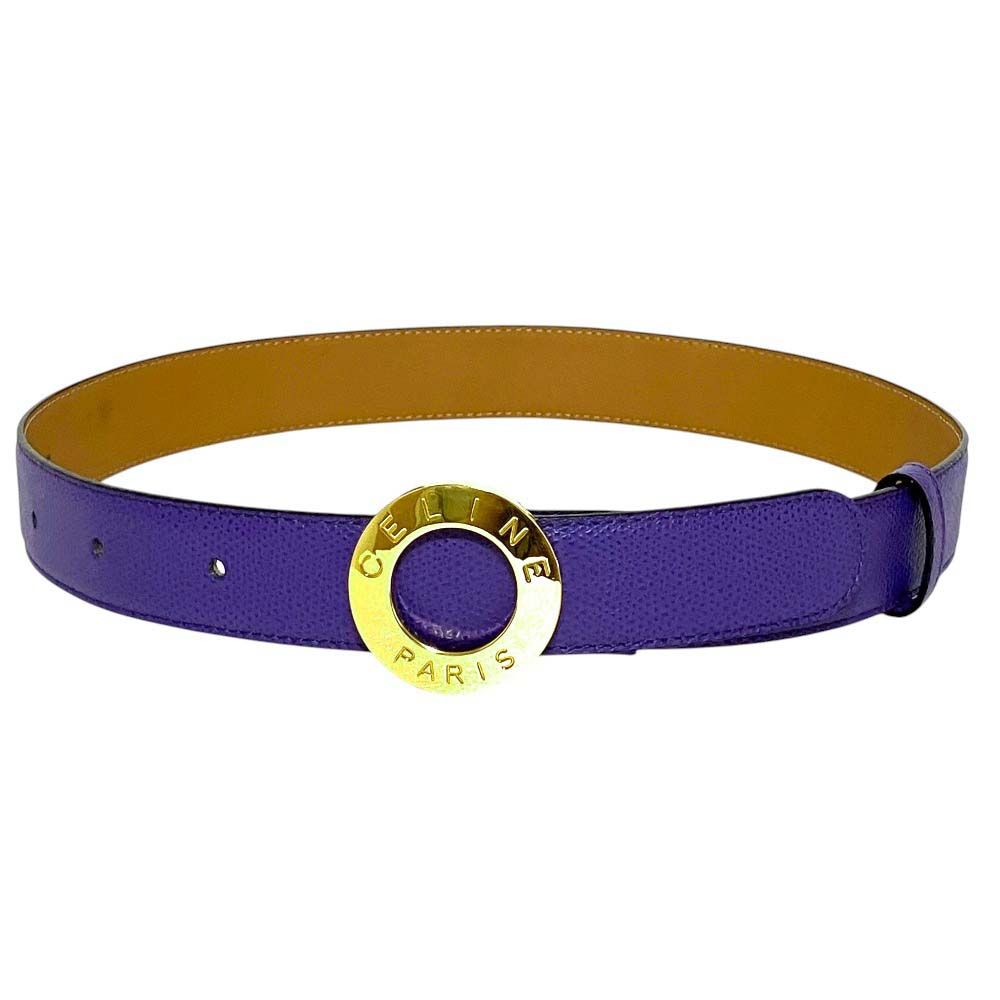 Celine Vintage Circle Logo Buckle Ball Tip Clasp Leather Belt Purple Gold