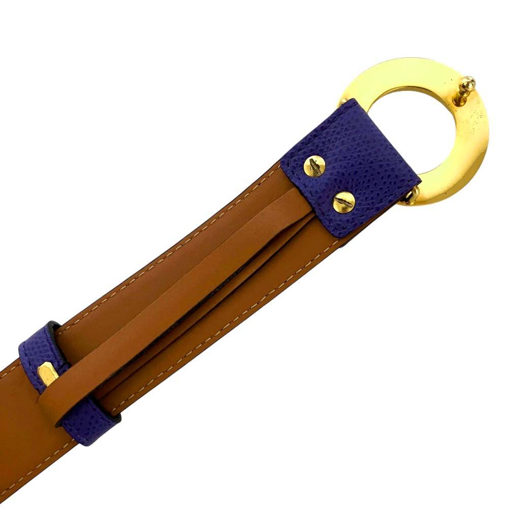 Celine Vintage Circle Logo Buckle Ball Tip Clasp Leather Belt Purple Gold — view 4