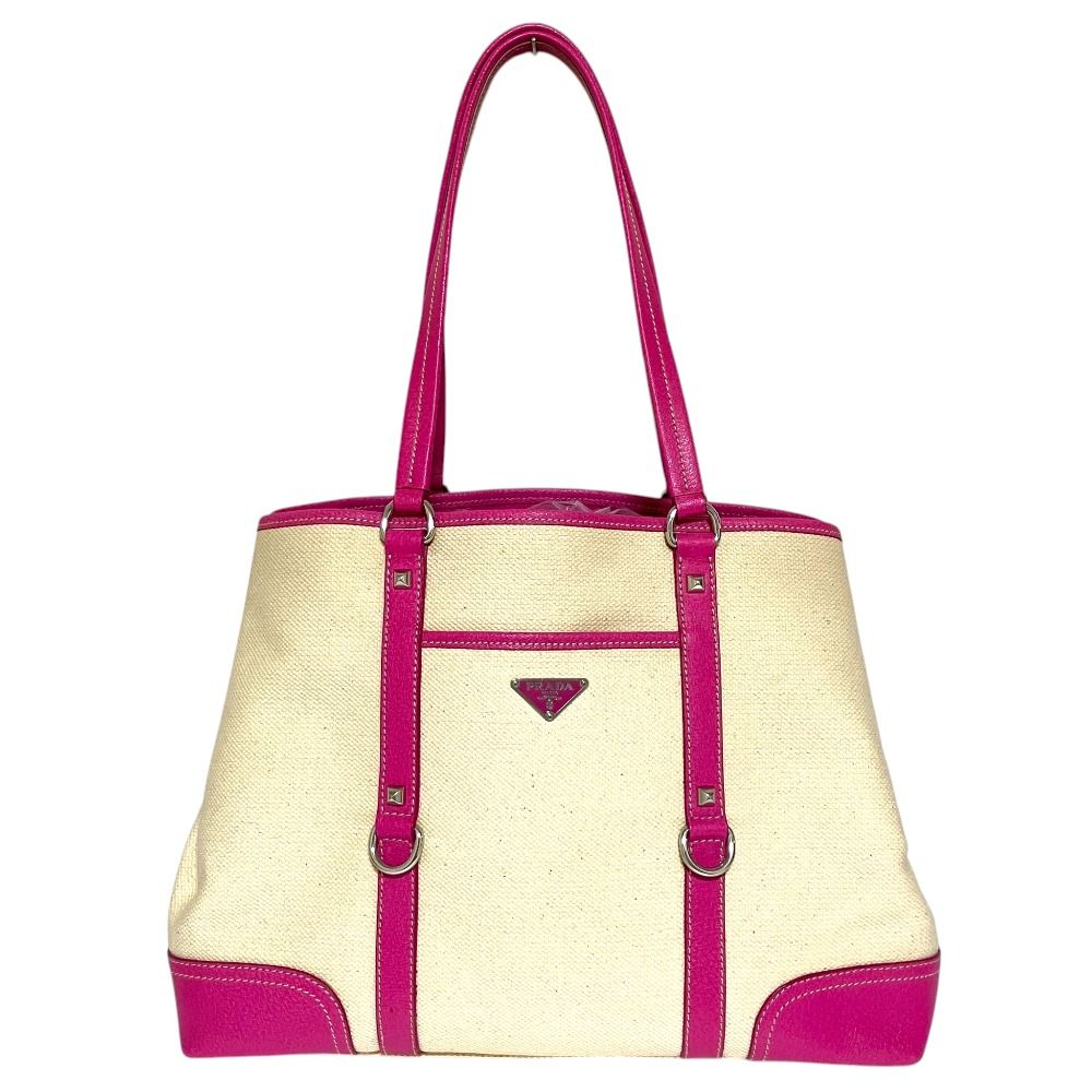 Prada Triangle Plate Canvas Tote Beige Pink