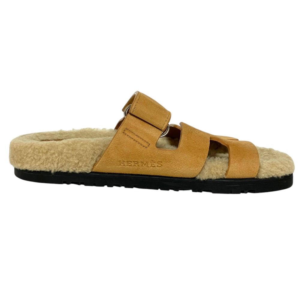 Hermes Chypre Shearling Strap Flat Sandals 35 Beige — view 2