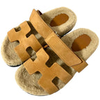 Hermes Chypre Shearling Strap Flat Sandals 35 Beige