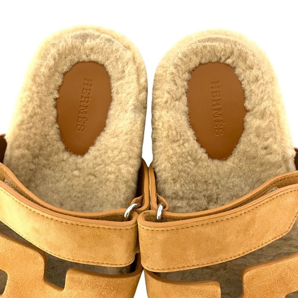 Hermes Chypre Shearling Strap Flat Sandals 35 Beige — view 8