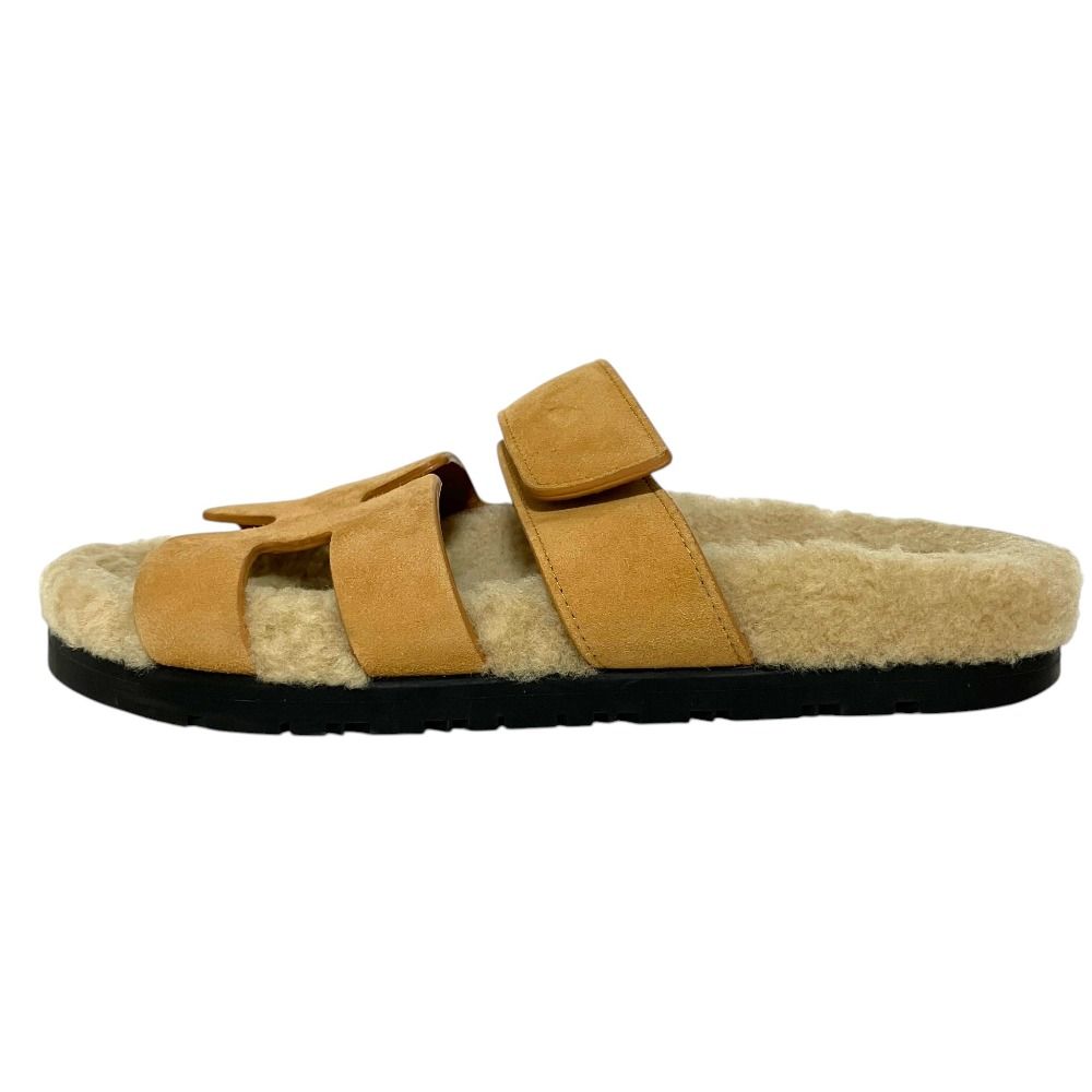 Hermes Chypre Shearling Strap Flat Sandals 35 Beige — view 3