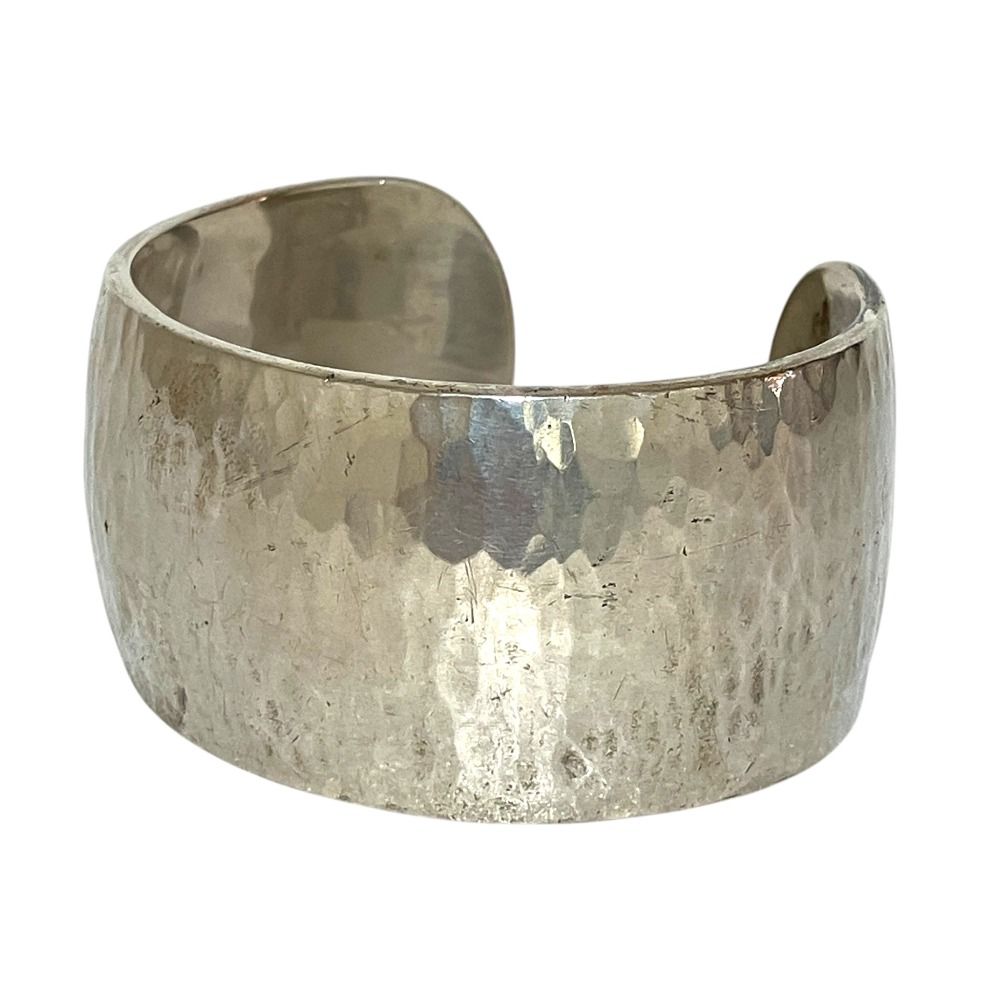 Hermes Vintage Hammered Bangle Wide Calf Bracelet Silver