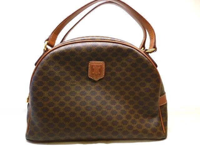 Celine Vintage Handbag Brown Leather Macadam Pattern Gold