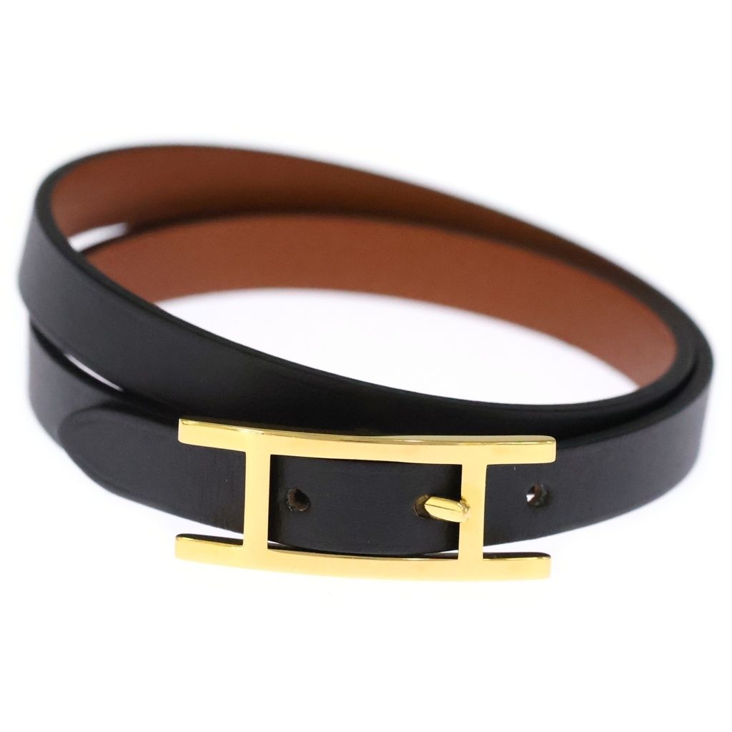 Hermes Behapi Double Tour Leather Gold Bracelet Bangle Belt Black — view 4