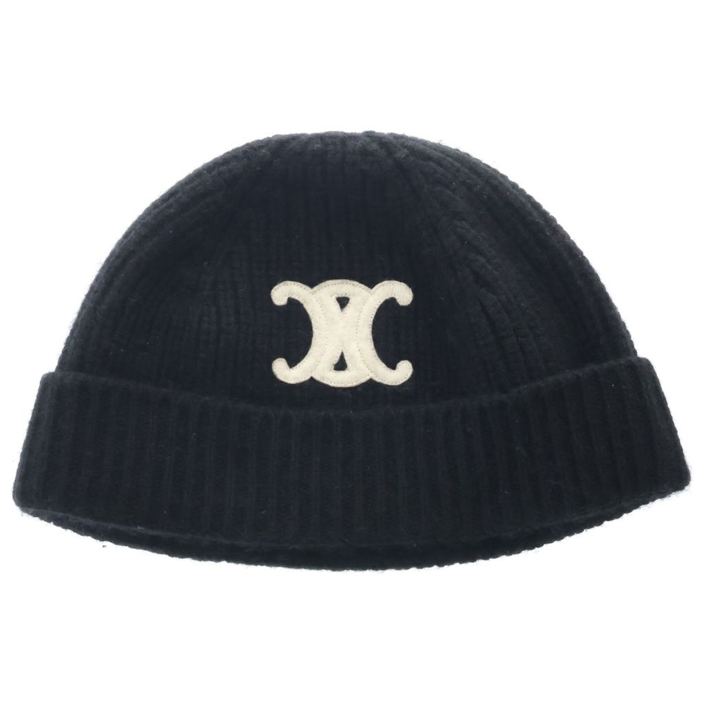 Celine Triomphe Cashmere Watch Cap Logo Patch Knit Cap Hat Black
