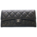 Chanel CC Logo Quilted Caviar Leather Classic Long Flap Wallet Black