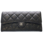 Chanel CC Logo Quilted Caviar Leather Classic Long Flap Wallet Black