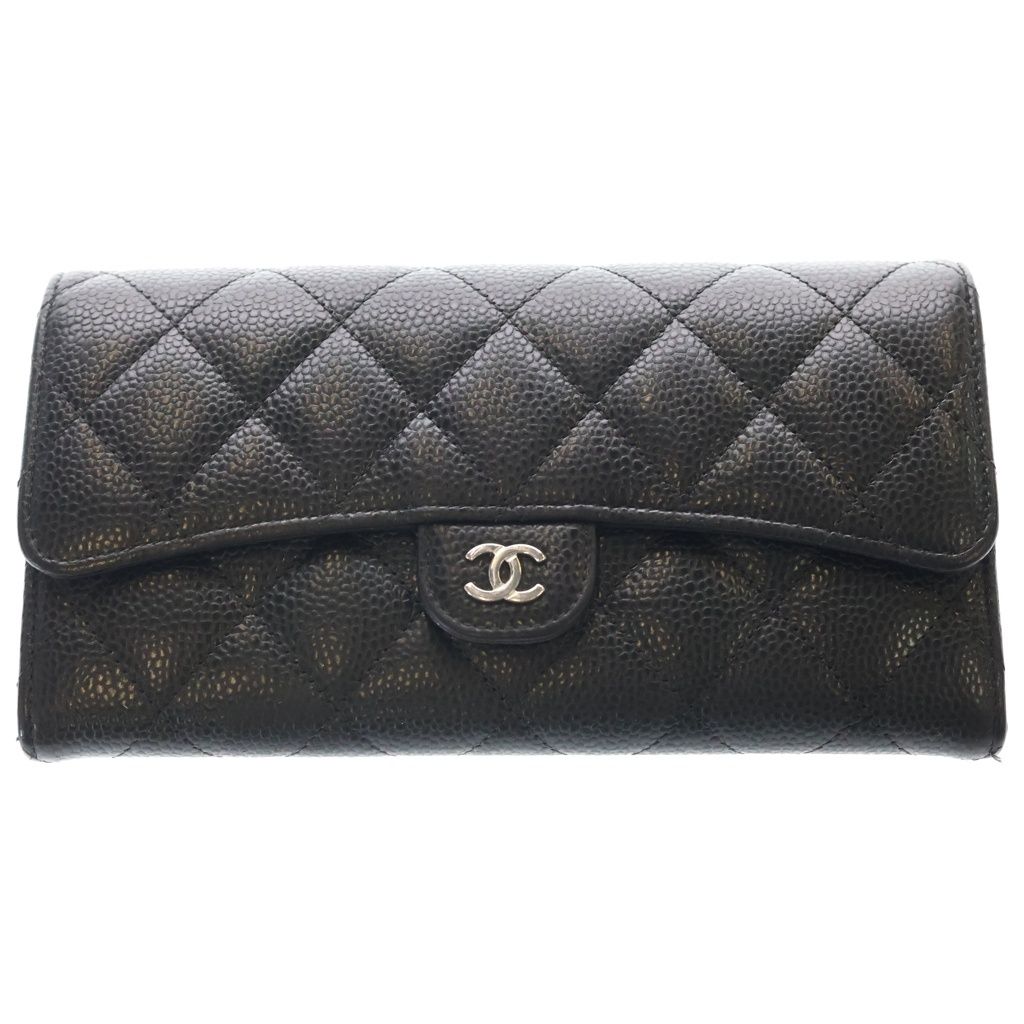 Chanel CC Logo Quilted Caviar Leather Classic Long Flap Wallet Black