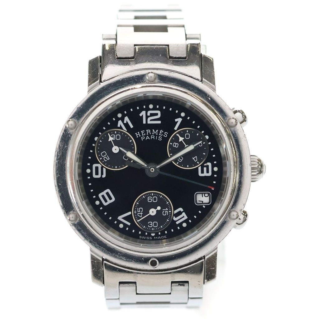 Hermes Clipper Chronograph SS Quartz Stainless Steel Watch Black Dial