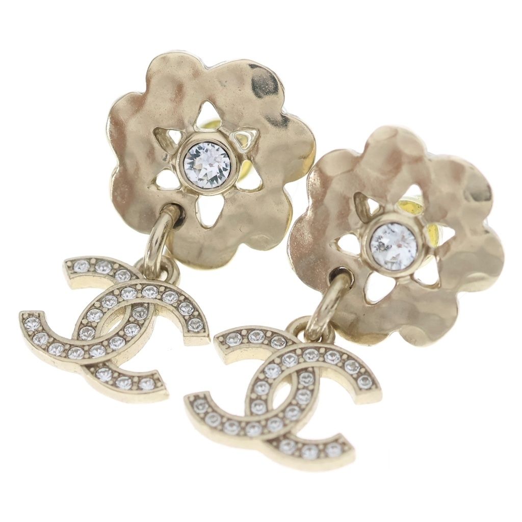 Chanel CC Logo Rhinestone Earrings Metal Gold
