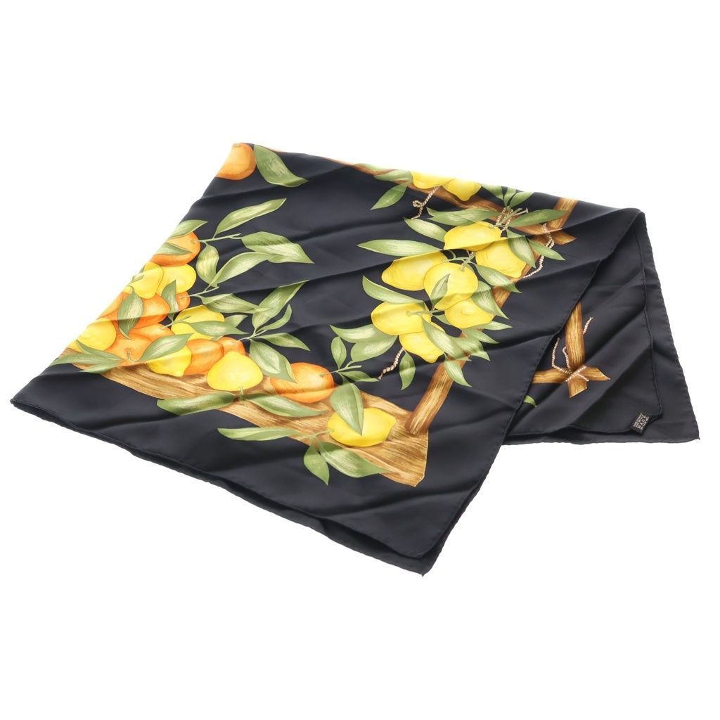 Hermes Carre 90 Oranges Fruit Orange Silk Scarf Black