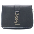 Saint Laurent Paris YSL Logo Silver Leather Zip Wallet Compact Bifold Black