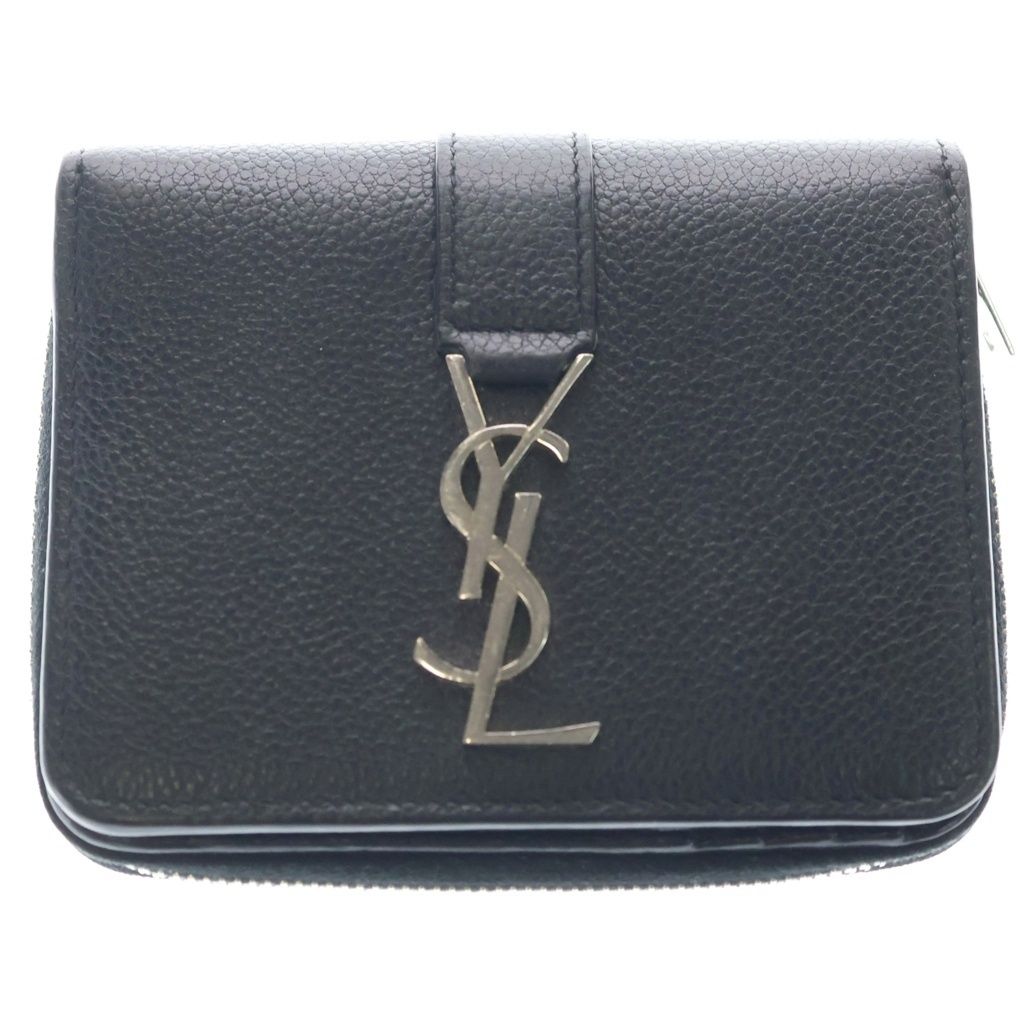 Saint Laurent Paris YSL Logo Silver Leather Zip Wallet Compact Bifold Black