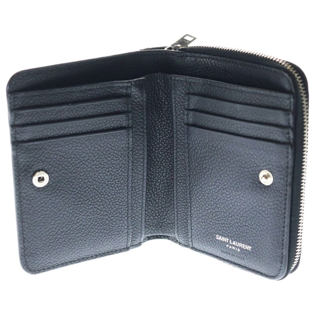 Saint Laurent Paris YSL Logo Silver Leather Zip Wallet Compact Bifold Black — view 4