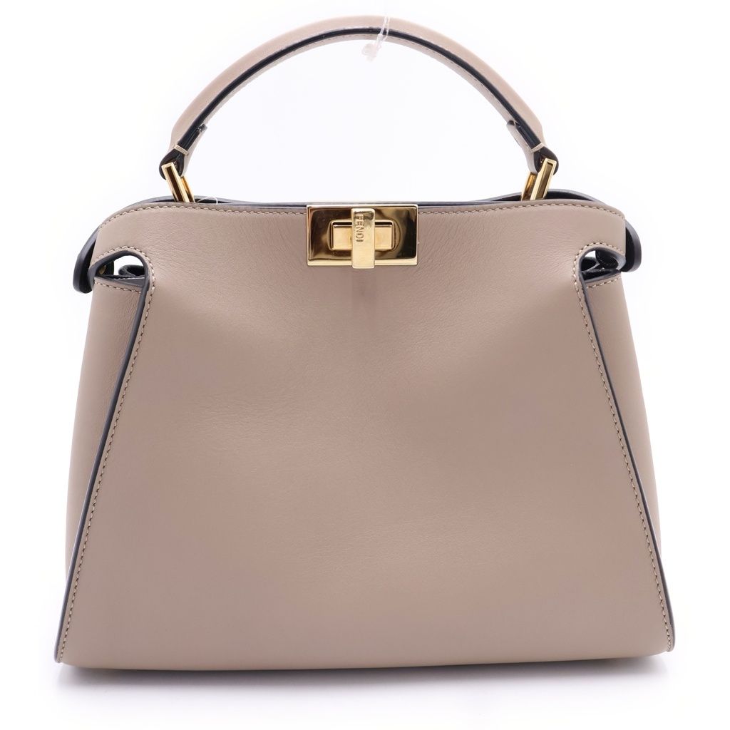 Fendi Peekaboo Essential 2-Way Shoulder Bag Gray Beige Leather Gold